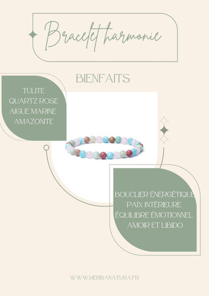 Bracelet Harmonie : Bracelet aigue-marine, quartz rose, amazonite, thulite élastique qualité AA